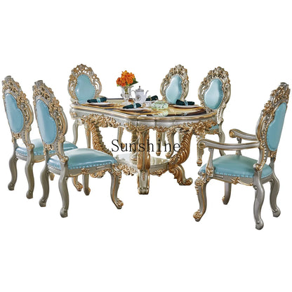 Solid wood dining table and chair combination size household, European style, carved