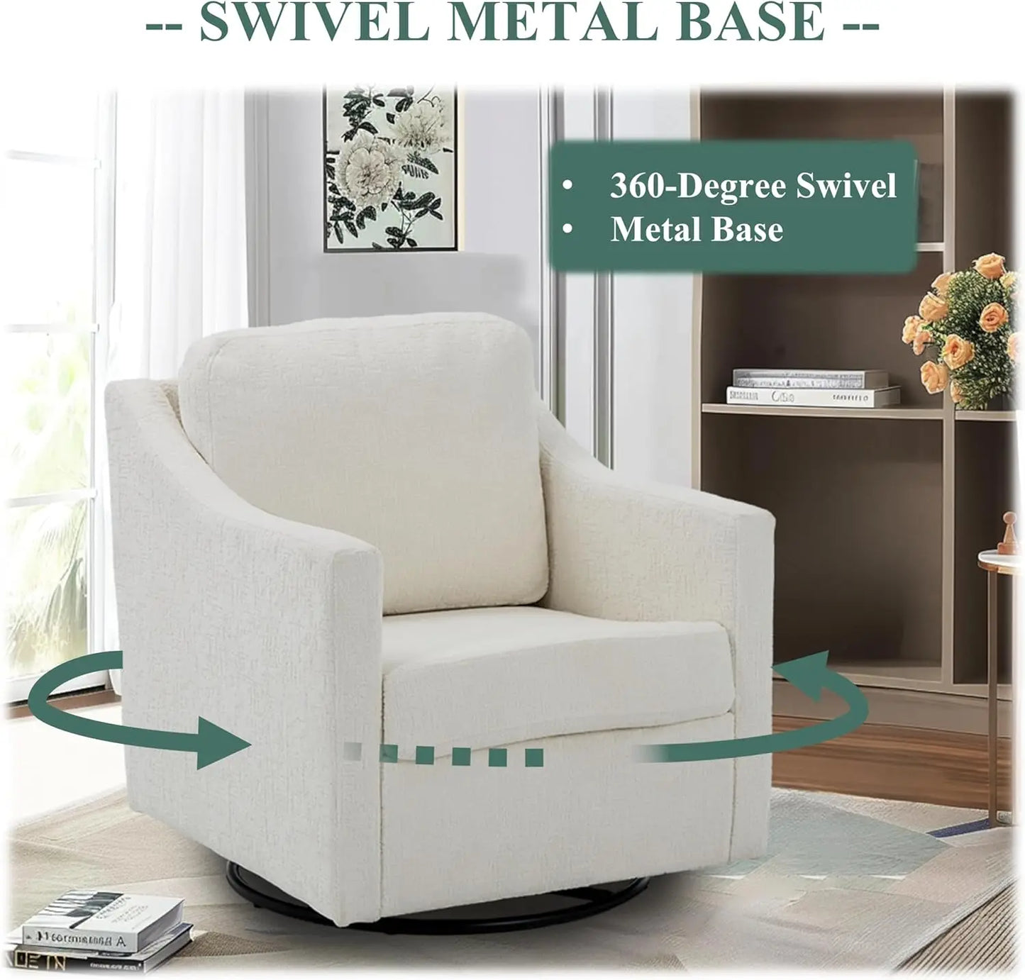 Swivel Accent Chair, 360° Rotation Chenille Fabric Upholstered Leisure Armchair with Lumbar Pillow for Living Room Bedroo