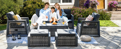 Aluminum Patio Furniture Modern Outdoor Sofa Rattan Garden Sofa with Storage Coffee Table (Grey)