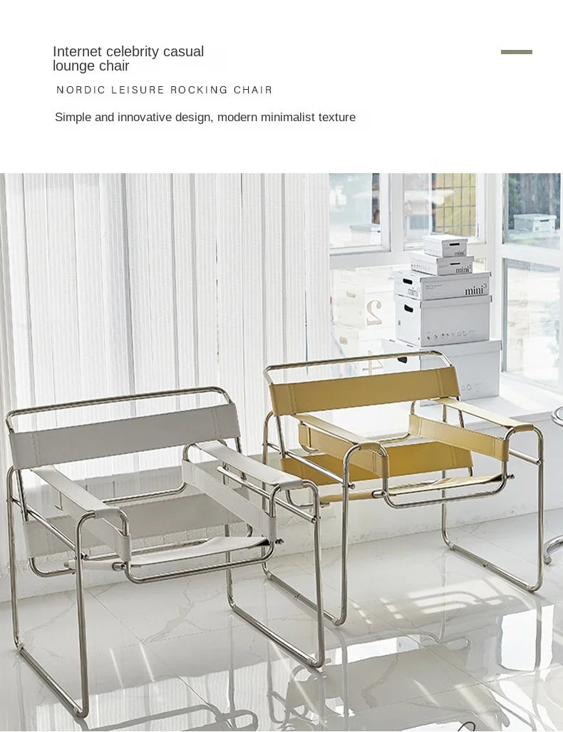 MOMO Chair Lazy Sofa Scandinavian Saddle Leather Single Chair Stainless Steel Leisure Single Sofa Chair Lounge Chair