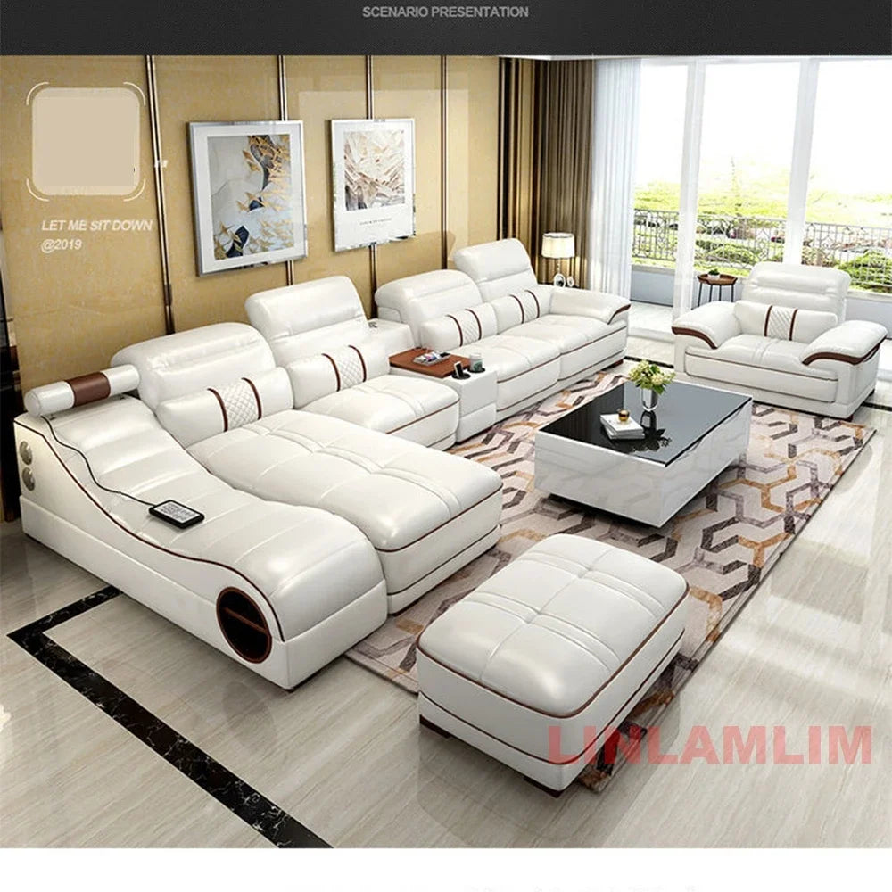 MINGDIBAO Modern Luxury Sectional Sofa Set with Chaise Lounge – Italian Genuine Leather Couch with Speakers, USB Port & Storage