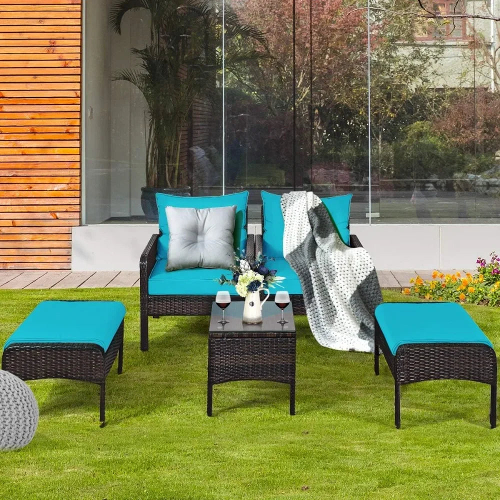 Wicker Furniture 5-Piece PE Wicker Rattan Outdoor Cushioned Sofa & Ottoman Set for Lawn, Pool, Balcony & Conversation A