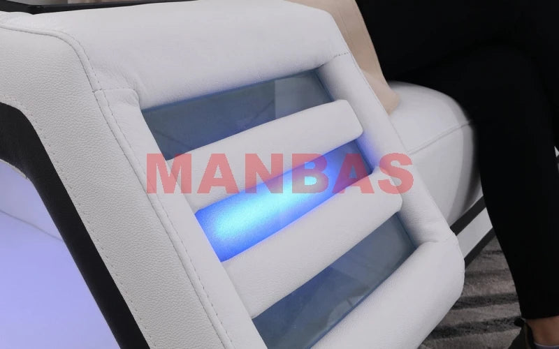 MANBAS Italian Genuine Leather Sectional Sofa with LED Lights | Futuristic Furniture U Shape Couch Living Room Big Sofas Set