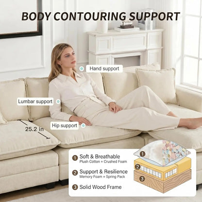 113.8" Modern Sectional Couches for Living Room, Beige Chenille Comfy Cloud Couch Sectional, 3 Seater Couch for Living, Custom
