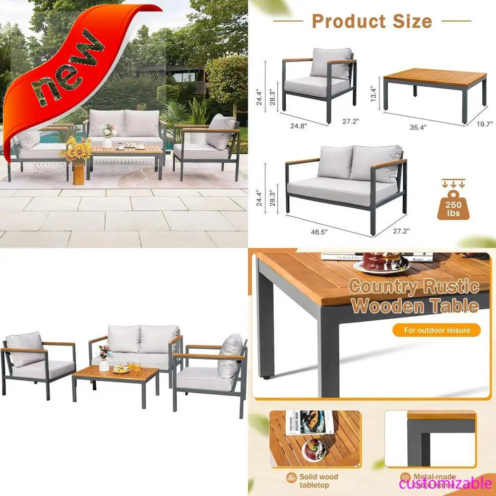2025new-Solid Wood 4-Piece Patio Lounge Set with Waterproof Cushions and Durable Armrests