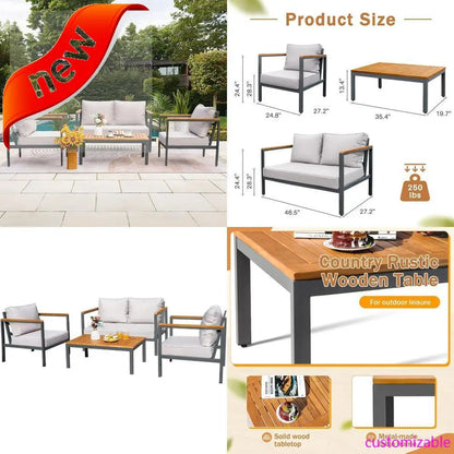 2025new-Solid Wood 4-Piece Patio Lounge Set with Waterproof Cushions and Durable Armrests