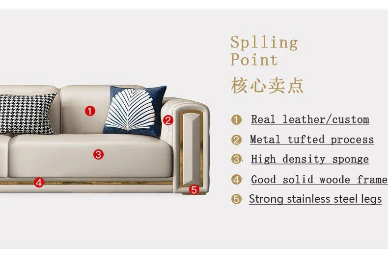Italian light luxury sofa living room leather sofa first layer cowhide buckle design luxury combination sofa size apartment
