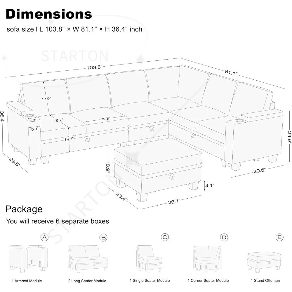 Sofa Convertible L Shaped Corner Couches for Living Room with Storage Armrest with Cup Holder Dark G