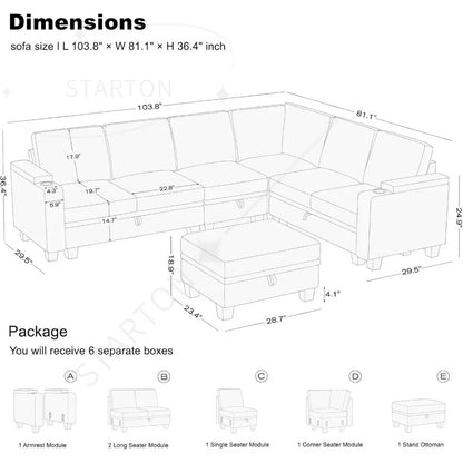 Sofa Convertible L Shaped Corner Couches for Living Room with Storage Armrest with Cup Holder Dark G