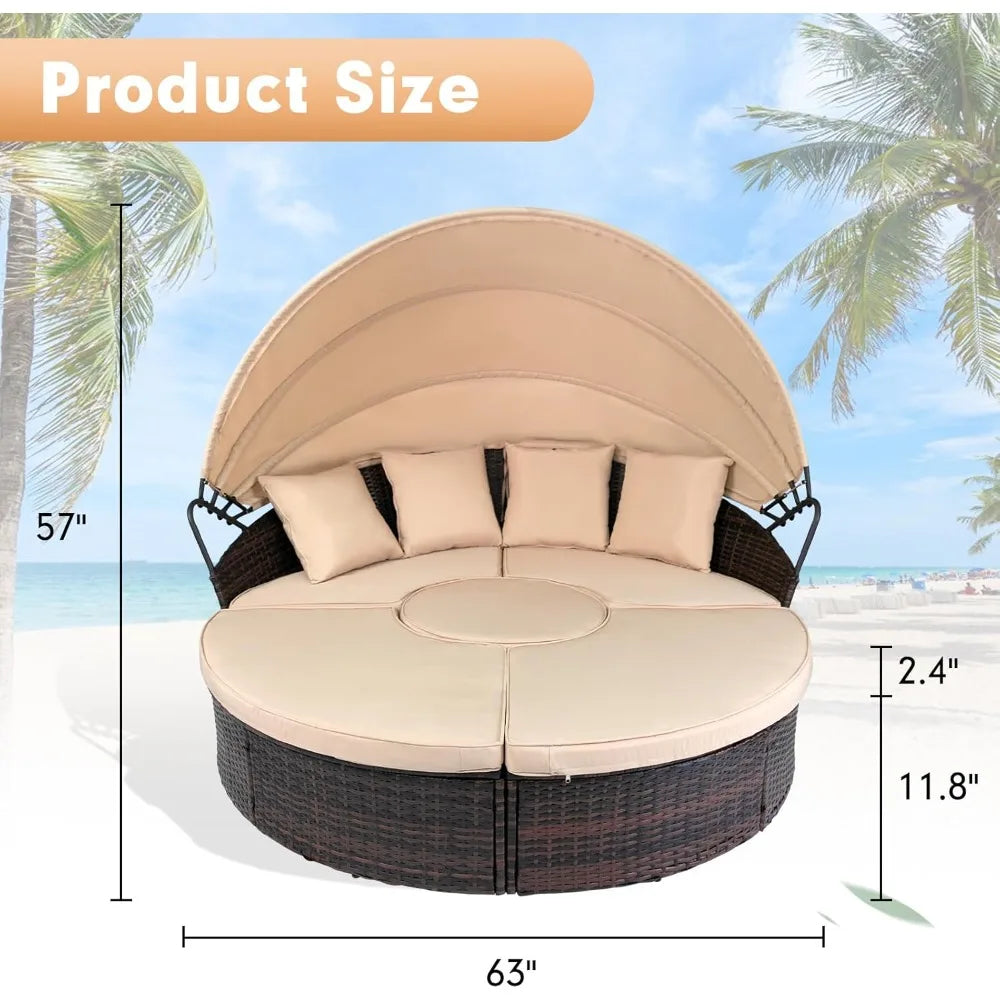 Terrace Circular Sofa Bed with  Canopy, Brown Wicker Furniture