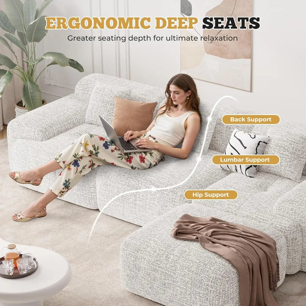 122" modern l shaped modular sectional sofa, boneless couches for living room with ottoman,4 seater convertible chenille cloud c