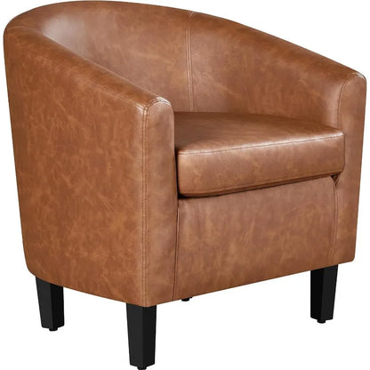 Leather Accent Chair, Faux Leather Armchair, Modern Barrel Club Chair With Soft Seat For Living Room Bedroom Reading