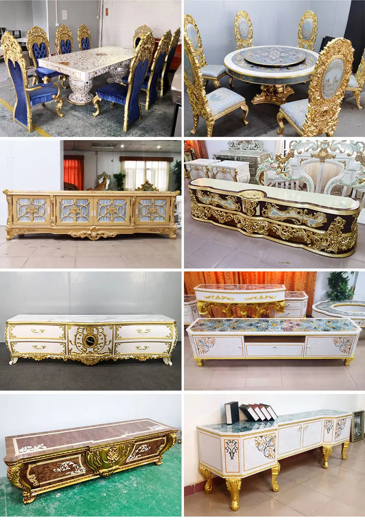 French Royal Baroque Dining Set — Hand-Carved Solid Wood Table with Upholstered Chairs, Luxury Gold for Villa/Hotel