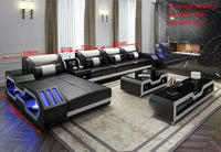 Modern LED Lighted Sofa Set with Recliner, Adjustable Headrest & Console | Luxury Leather Sectional Couch | Futuristic Furniture