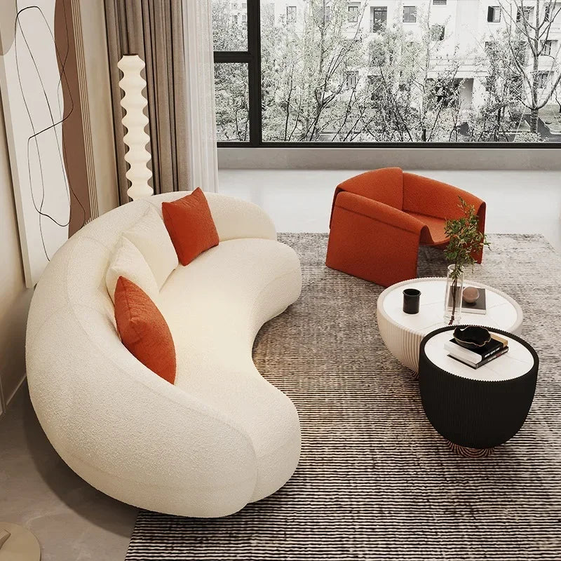Light luxury small apartment curved lambswool sofa simple home living room fabric sofa beauty salon reception sofa chair