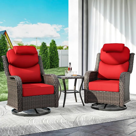 3 Pieces High Back Outdoor Swivel Rocking Chairs Set, 4" Thick Seat Cushions - Patio Furniture Set with Side Table, Headrest