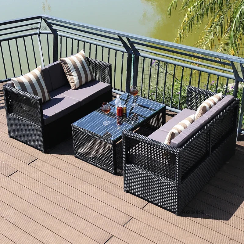 Nordic Outdoor Sofas Courtyard Villa Sun Room PE Rattan Chairs Single Double Terrace Sofa Waterproof Sunscreen Outdoor Furniture