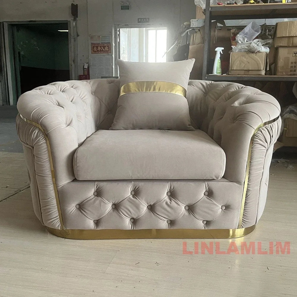 A Luxury Chesterfield Sectional Sofa Set With Cloth Buttons And Fabric Modular Couch With Gold Stainless Steel Base, 3-seater So