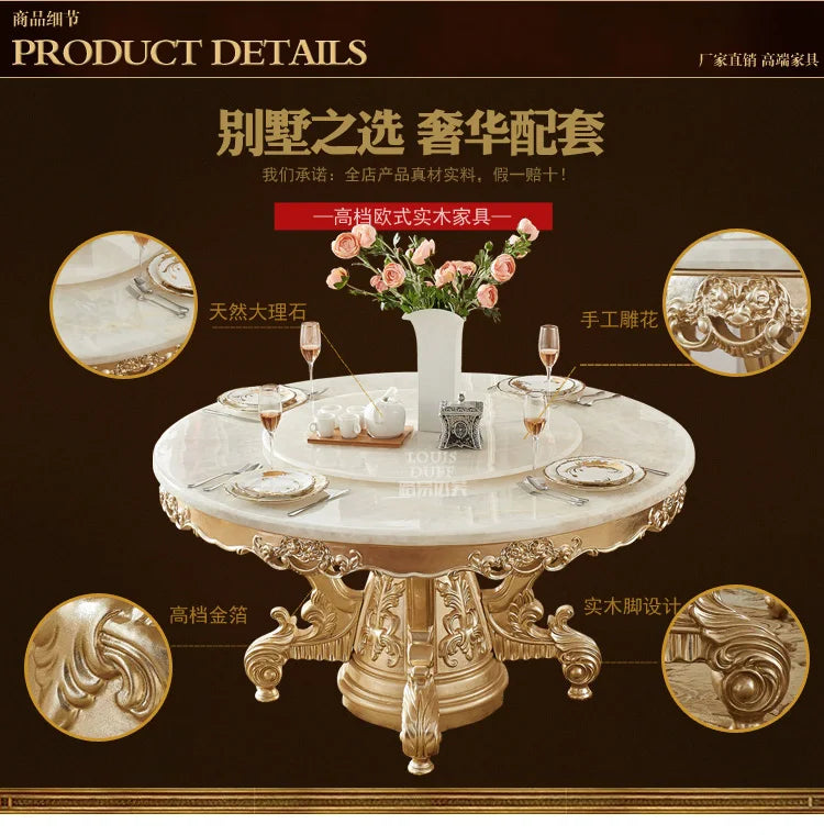 European white ice jade marble gold round dining table and chair combination European luxury solid wood dining table