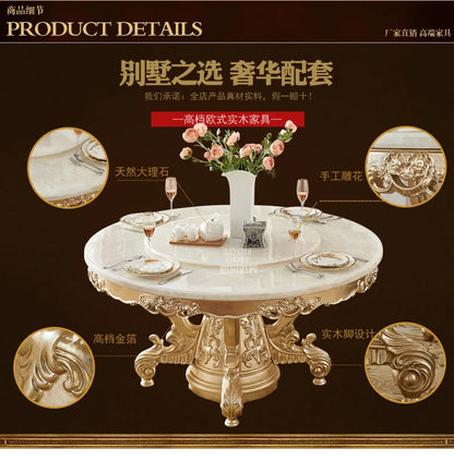 European white ice jade marble gold round dining table and chair combination European luxury solid wood dining table