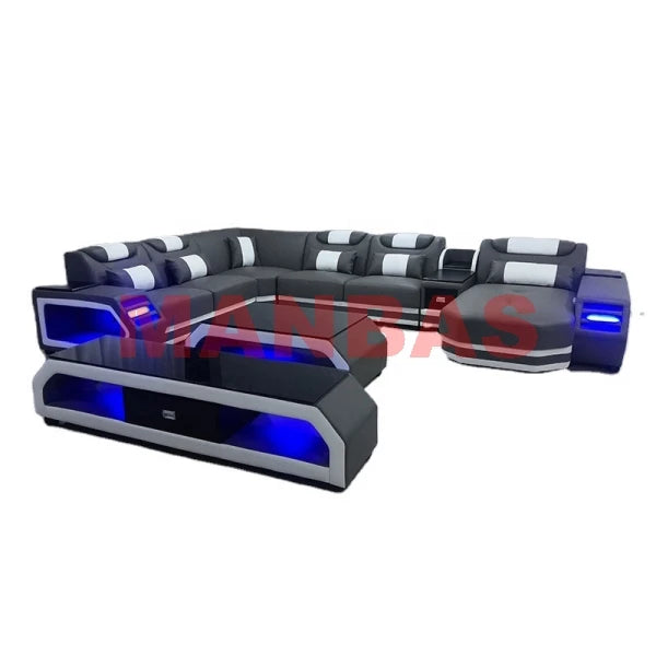 Modern LED Light Genuine Leather Sectional Sofa Set with Storage Shelves, USB Charging Ports, Cup Holder and Contemporary Design