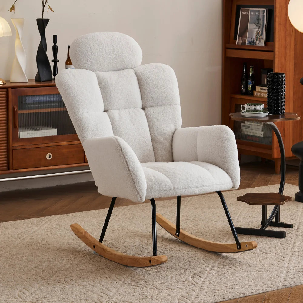 Modern Swing Chair in Teddy Fabric with Tufted Cover Upholstered Seathigh backrest for Living and Bedroom