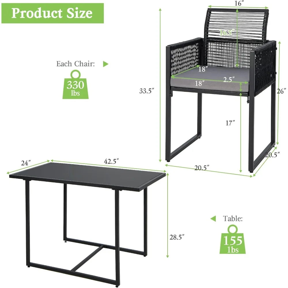 3 Pieces Outdoor Dining Set, Patio PE Rattan Furniture Set with Folding Backrest, Cozy Seat Cushions, Tempered Glass