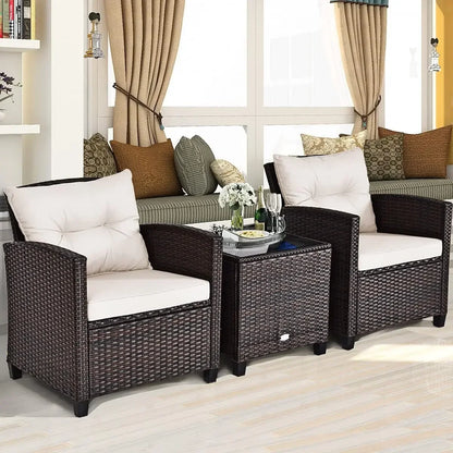 3 Pieces Patio Furniture Set, PE Rattan Wicker 3 Pcs Outdoor Sofa Set w/Washable Cushion and Tempered Glass Tabletop