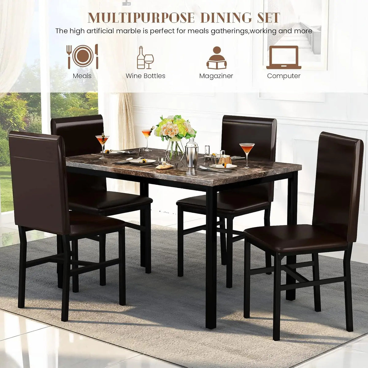 Faux Marble Dining Table Set for 4, PU Leather Chairs, Modern Kitchen Table & Chairs, Coffee Color