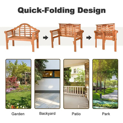 Outdoor Wood Bench, 4 Ft Foldable Eucalyptus Garden Bench, Two Person Loveseat Chair Solid with Curved Backrest and Armrest Idea