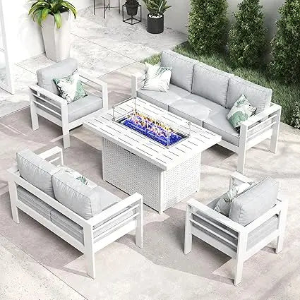 Aluminum Furniture Set with Fire Pit Table, 5 Pieces Patio Sectional Conversation Chat Sofa Modern Seating Set