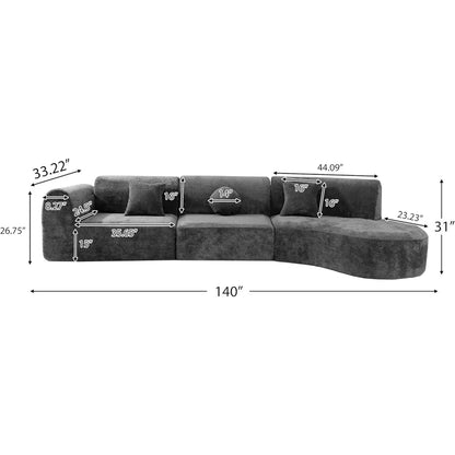 140" Oversize Curved Sectional Sofa with High-Density Fully Compressed Sponge and Chaise Lounge, 3-Piece Set Mid Century