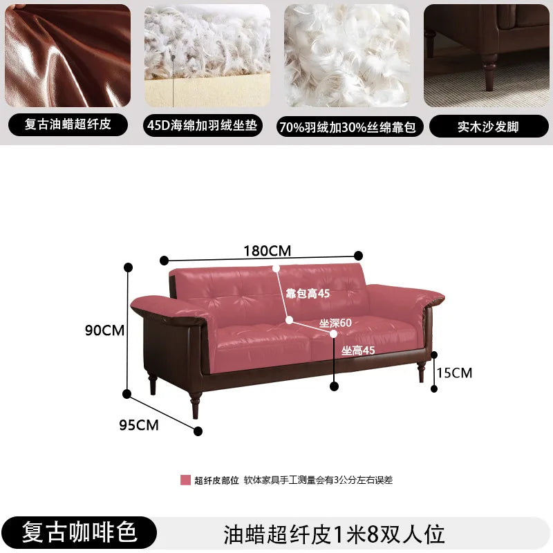 Customizable American sofa Italian retro oil wax leather straight row steel frame down medium ancient Nanyang style first layer