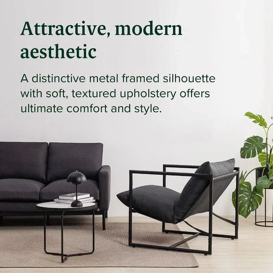 /Sling Accent Chair / Metal Framed Armchair with Shredded Foam Cushioning, Dark Grey