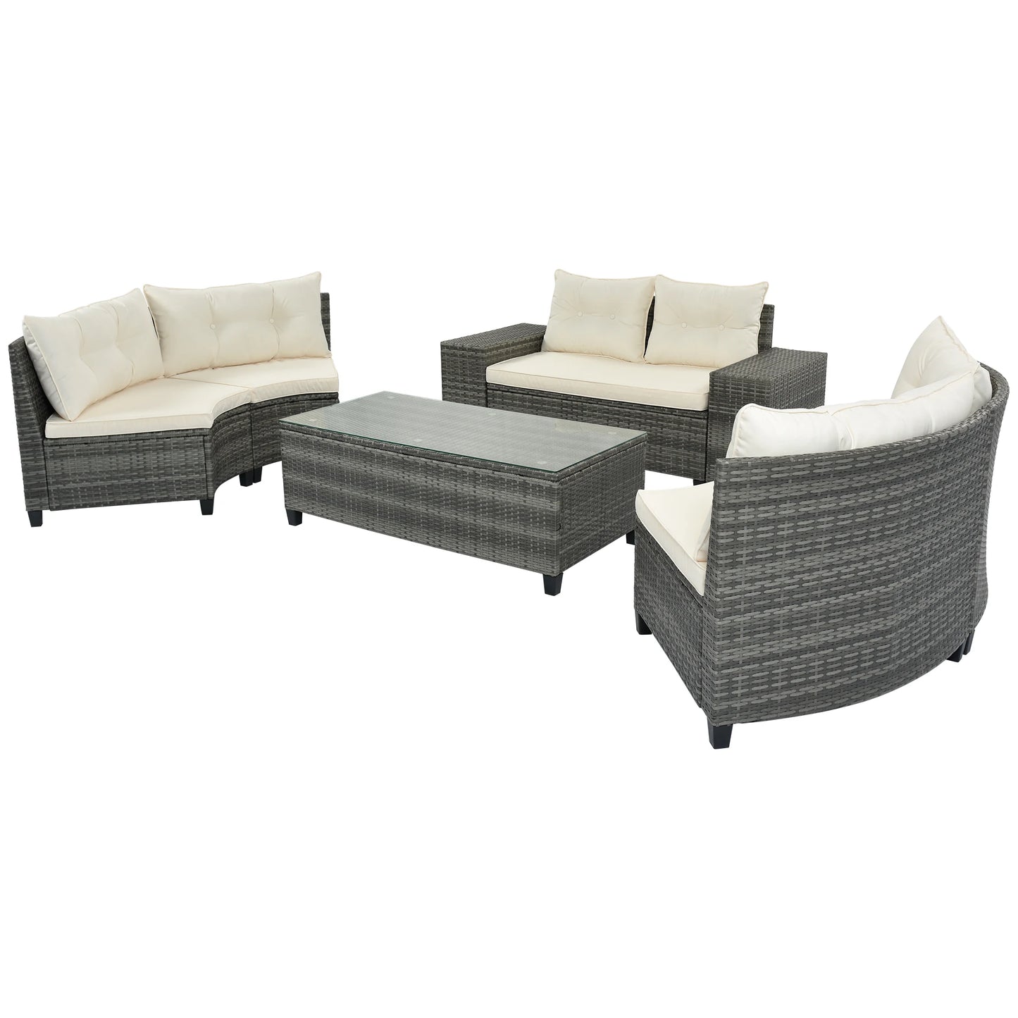 8-pieces Outdoor Wicker Round Sofa Set, Half-Moon Sectional Sets All Weather, Curved Sofa Set With Rectangular Coffee Table, PE