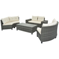 8-pieces Outdoor Wicker Round Sofa Set, Half-Moon Sectional Sets All Weather, Curved Sofa Set With Rectangular Coffee Table, PE