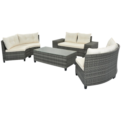 8-pieces Outdoor Wicker Round Sofa Set, Half-Moon Sectional Sets All Weather, Curved Sofa Set With Rectangular Coffee Table, PE