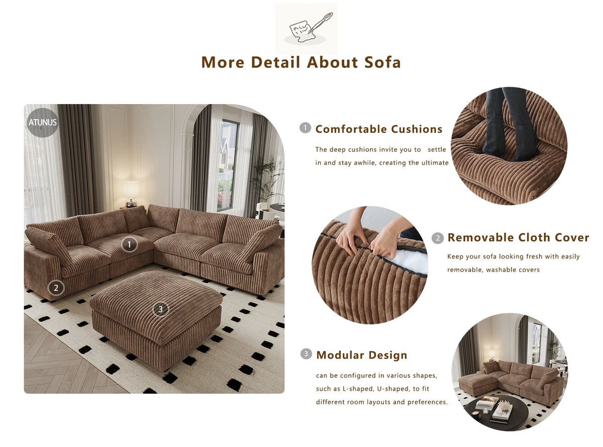 ATUNUS USA in Stock Drop Shipping Cloud Sofa Living Room Furniture Black Corduroy Modular Sectional Couch Sofa Set