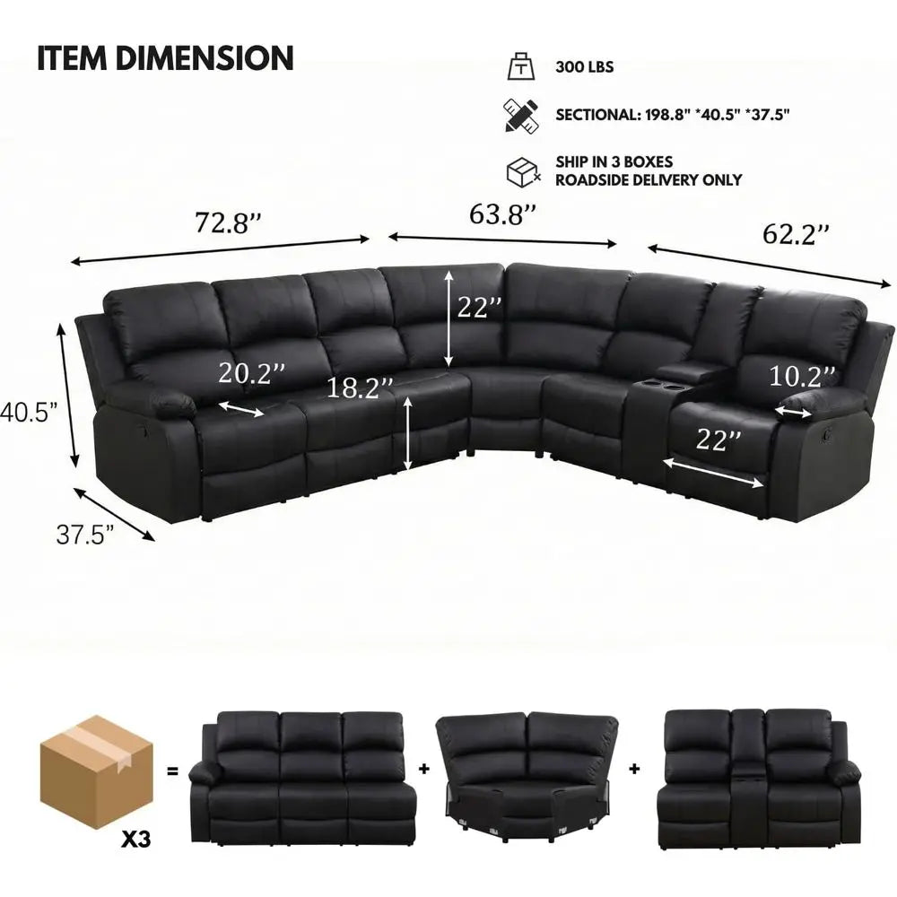 Manual Recliner Sectional Soa Set, aux Leather Reclining Sectional Couch with Cup Holders & Storage ole, L Shape Manual Sectiona