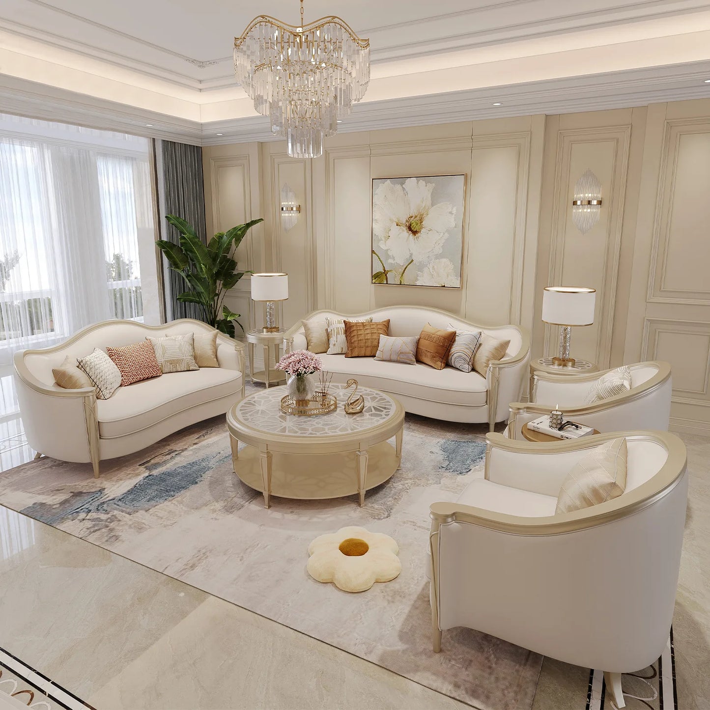 Modern Solid Wood Sofa Living Room Curved Sofa Couch Combination European Sofa Set Furniture for Home Wedding Hotel