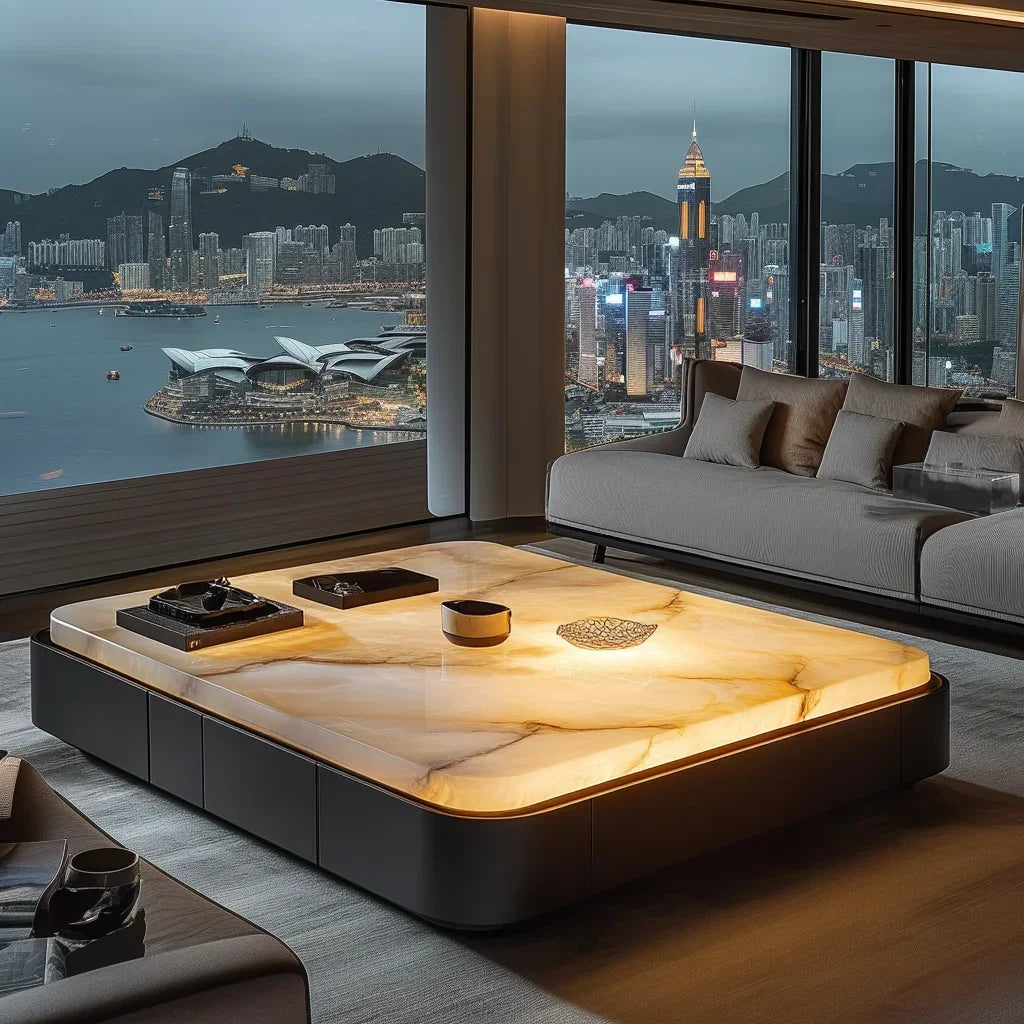 GLuminous jade coffee table, natural marble rectangular luxury stone, high-end light luxury style, living room coffee table