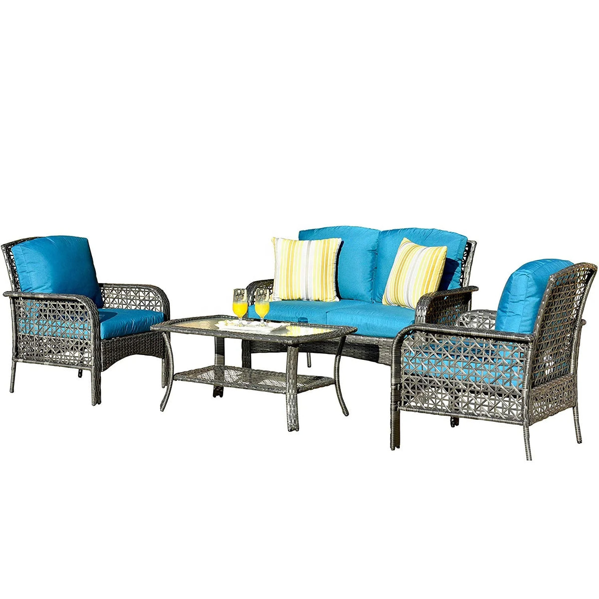 # New Arrival 4-Piece Rattan Patio Conversation Set With Blue Cushions