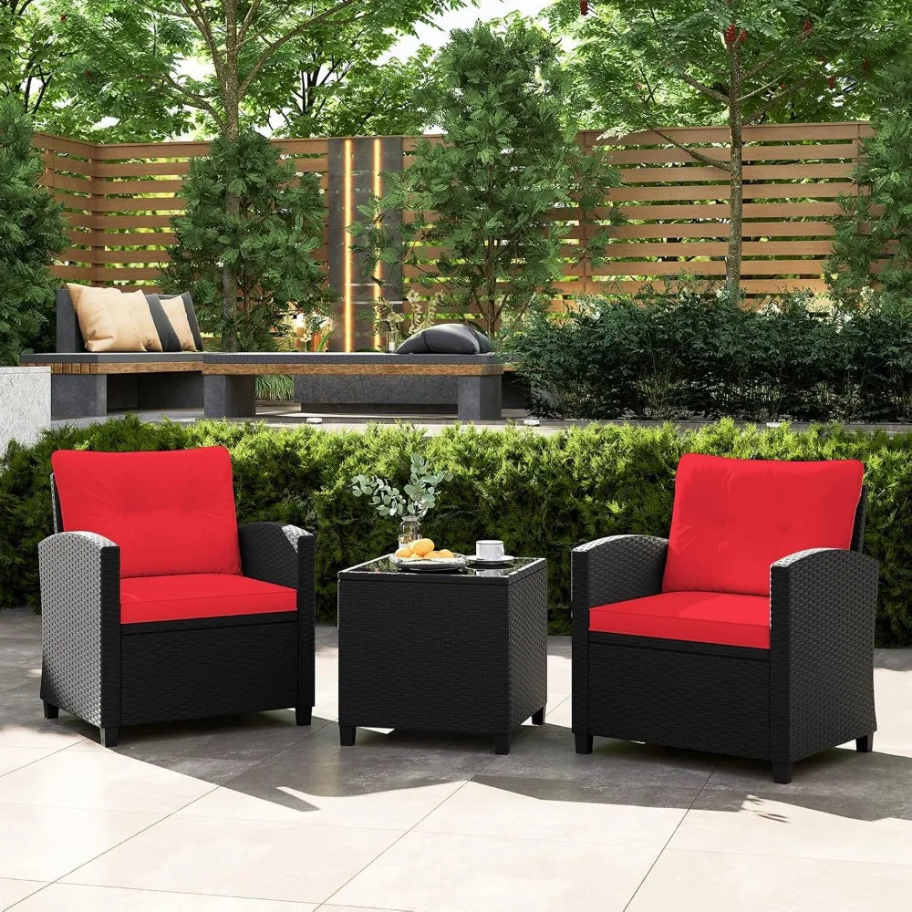 3 Pieces Patio Furniture Set, Rattan Conversation Set w/Soft Seat & Back Cushions, Tempered Glass Topped Coffee Table
