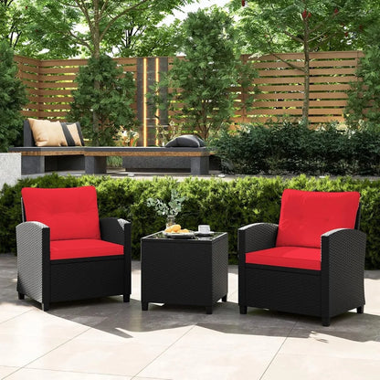 3 Pieces Patio Furniture Set, Rattan Conversation Set w/Soft Seat & Back Cushions, Tempered Glass Topped Coffee Table
