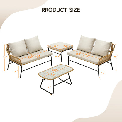 4-Piece Outdoor Sectional Set, Wicker Patio Couch Sets and Glass Coffee Table, L-Shaped Waterproof Olefin Fabric Outdoor Sofa