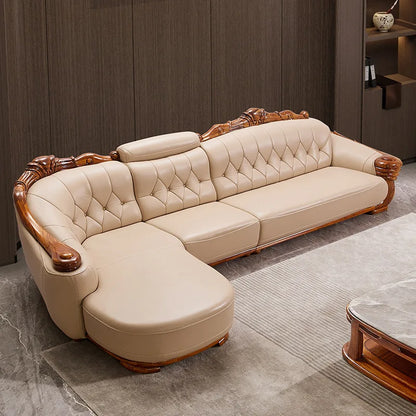 European leather sofa corner combination home high-end luxury living room new Chinese first layer cowhide solid wood