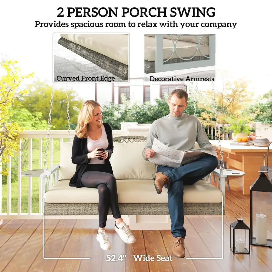 3 Person Wicker Porch Swing Chair Heavy Duty 800 LBS with Cup Holder, 57 Inch Outdoor Rattan Patio Hanging Swing Bench with Cus