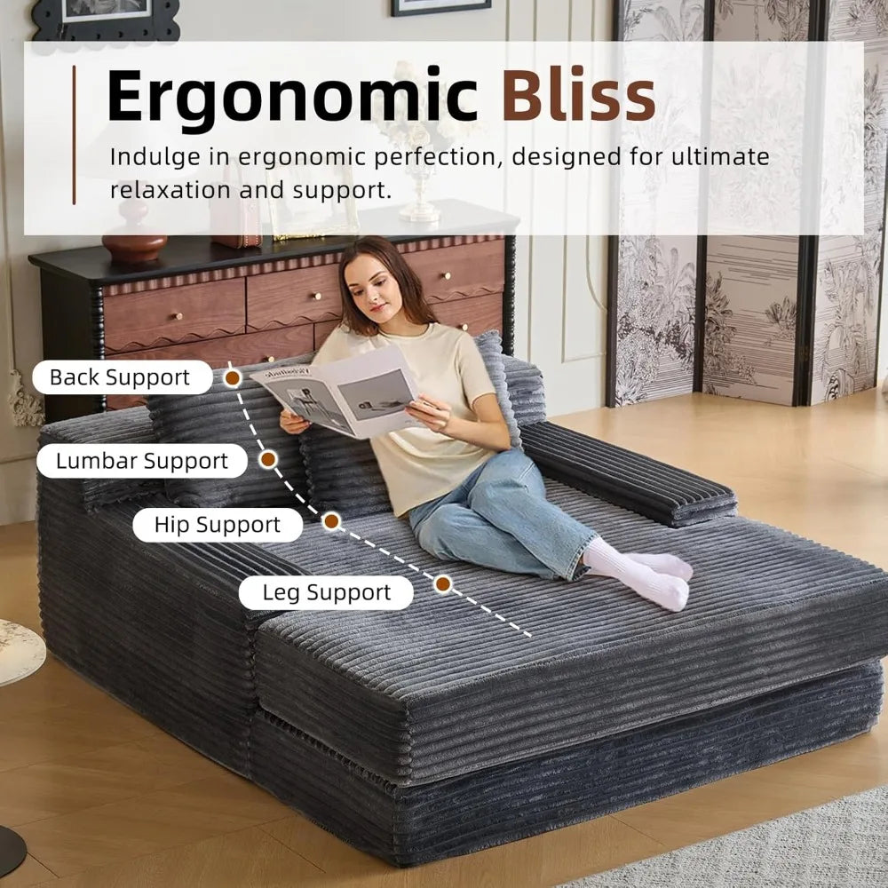 67'' Indoor Chaise Lounge Chair Oversized Upholstered Sofa Bed Modern Deep Seat Comfy Corduroy Sleeper Couch