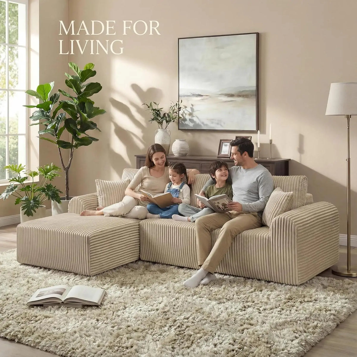 109“L-Shaped Sectional Sofa Boneless Couch Upholstery Cloud Modular Couch with Chaise No Assembly Required Corduroy Fabric Combi