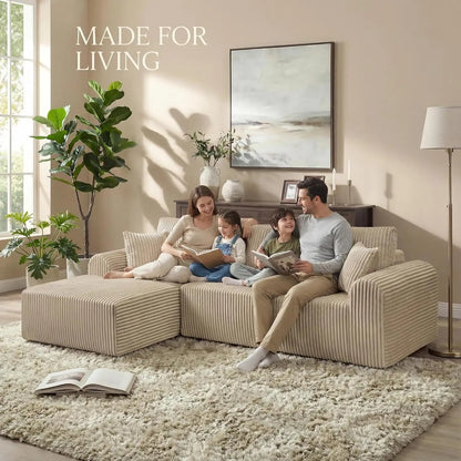 109“L-Shaped Sectional Sofa Boneless Couch Upholstery Cloud Modular Couch with Chaise No Assembly Required Corduroy Fabric Combi